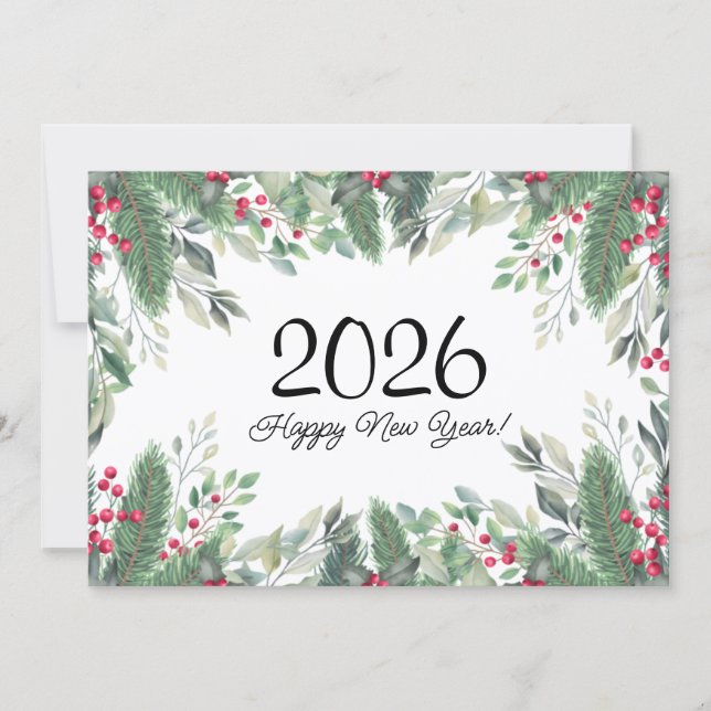 2026,Gott nytt år!helgdag-gröna bär Anteckningskort (Framsida)