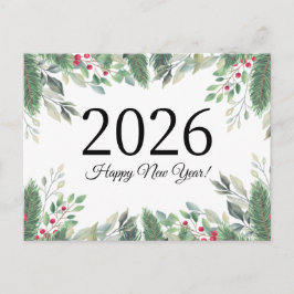 2026 Gott nytt år, högtidlig grönska röda bär  Vykort