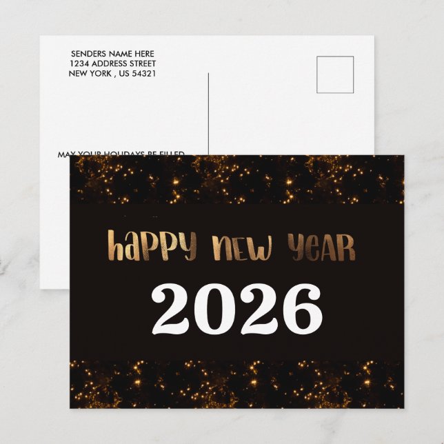 2026,Gott nytt år!Svartvit guld-Glitter Vykort (Fram/baksida)