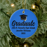 2026 Graduate Photo Custom Blue Black Graduation Julgransprydnad Keramik<br><div class="desc">This classic blue and black custom senior graduate Christmas ornament features modern typography of your high school or college name for the class of 2026 with your grad photo on the back. Customize with your graduating year under the chic handwritten script and grad cap for a great personalized graduation keepsake...</div>