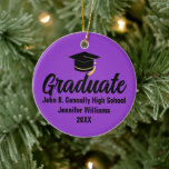 2026 Graduate Photo Custom Purple Black Graduation Julgransprydnad Keramik<br><div class="desc">This classic purple and black custom senior graduate Christmas ornament features modern typography of your high school or college name for the class of 2026 with your grad photo on the back. Customize with your graduating year under the chic handwritten script and grad cap for a great personalized graduation keepsake...</div>