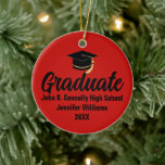 2026 Graduate Photo Custom Red Black Graduation Julgransprydnad Keramik<br><div class="desc">This classic red and black custom senior graduate Christmas ornament features modern typography of your high school or college name for the class of 2026 with your grad photo on the back. Customize with your graduating year under the chic handwritten script and grad cap for a great personalized graduation keepsake...</div>