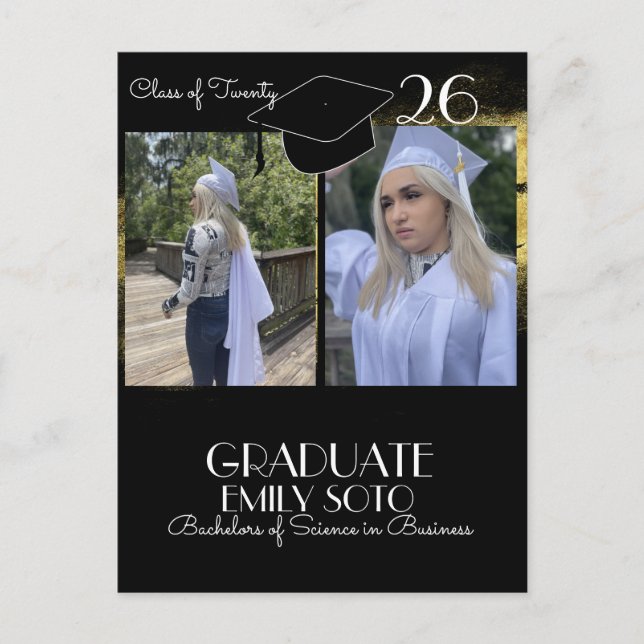 2026 Graduation Collage Script Gold Black Vykort (Framsida)