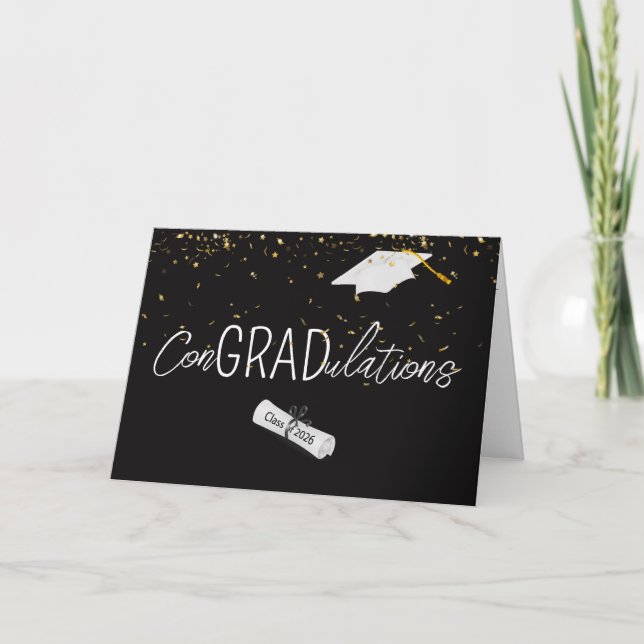 2026 Graduation Gold Confetti and Cap Kort (Framsida)