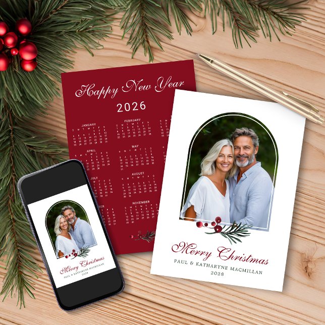 2026 Gräs Arch Mörk Red Jul Photo Calendar Julkort (2026 Pine Arch Dark Red Christmas Photo Calendar Holiday Card with Instant Download Option)