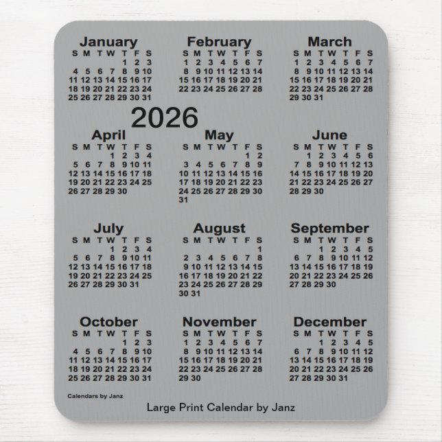 2026 Grått Large Print Calendar från Janz Musmatta (Framsidan)