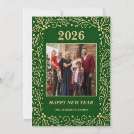 2026 Green & Antique-Gold Family New Year Photo Julkort