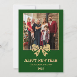 2026 Green & Gold Bow Family New Year Photo Julkort