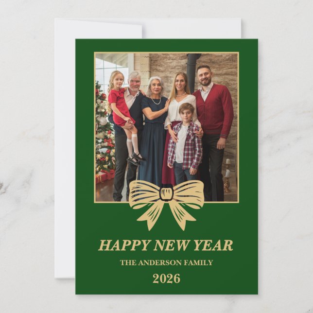 2026 Green & Gold Bow Family New Year Photo Julkort (Framsida)
