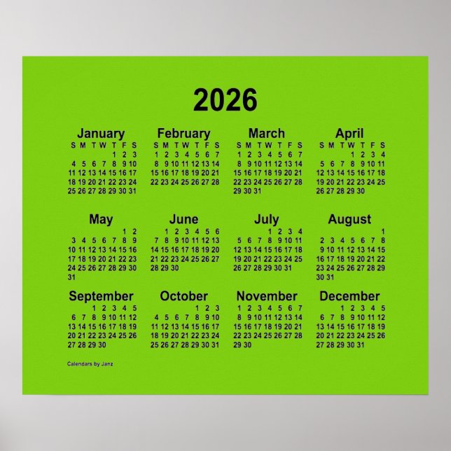 2026 Gul Grön Kalender av Janz Print Poster (Framsidan)