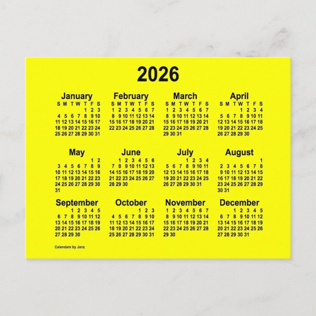 2026 Gul Mini Kalender av Janz Vykort (Framsida)