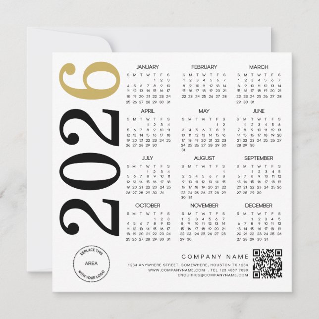 2026 Guld White Calendar Logotyp QR Code Business Julkort (Framsida)