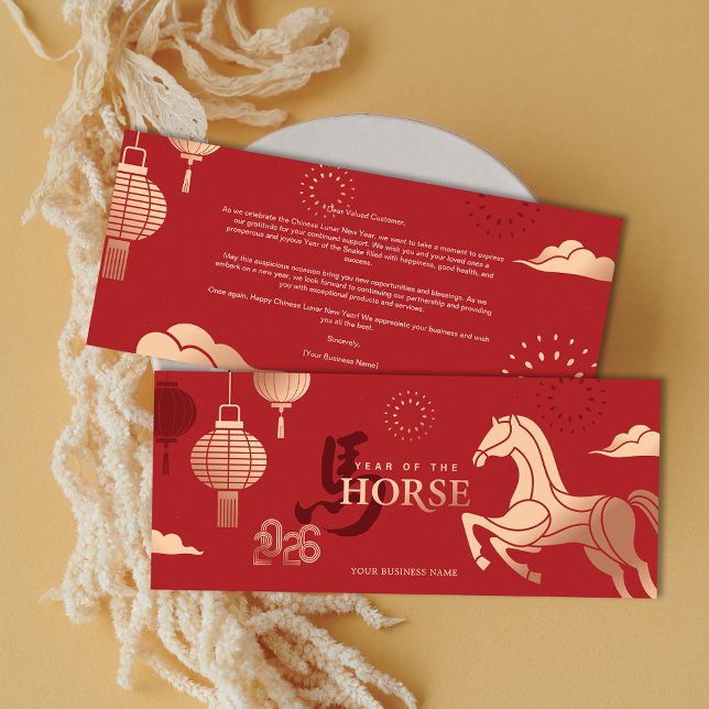2026 Guldhäst kinesiskt nyår affärsgratulationer Julkort (2026 Gold Horse Chinese New Year Business Greeting Holiday Card)