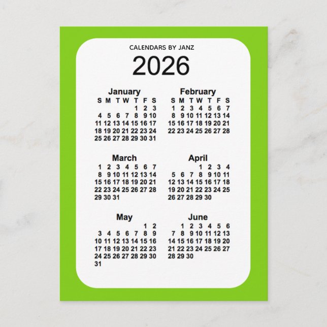 2026 Gult Grönt 6 Mini Calendar från Janz Vykort (Framsida)