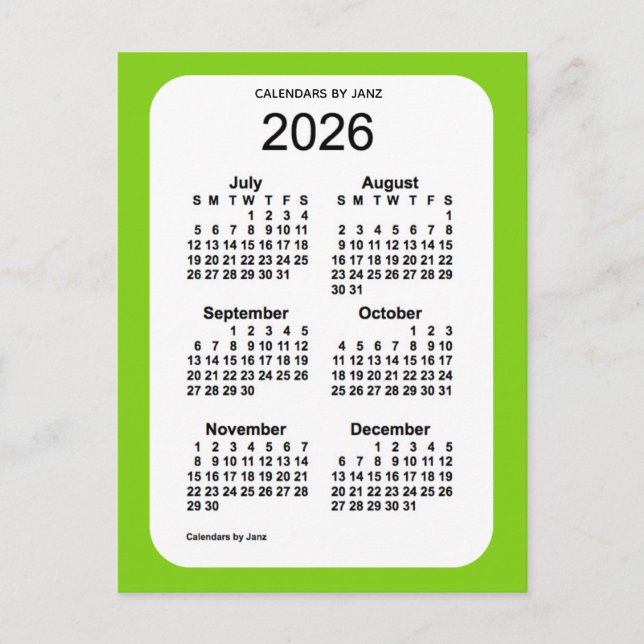 2026 Gult Grönt 6 Mini Calendar från Janz Vykort (Framsida)
