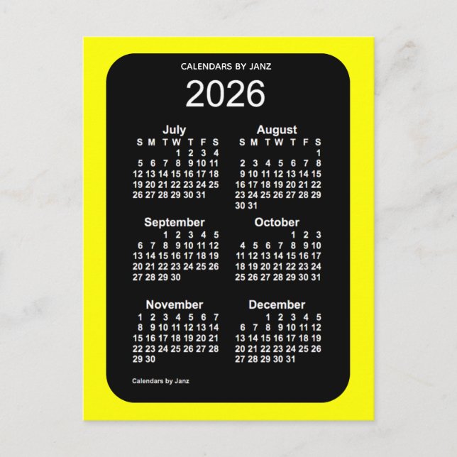 2026 Gult Neon 6 månaders Mini Calendar av Janz Vykort (Framsida)
