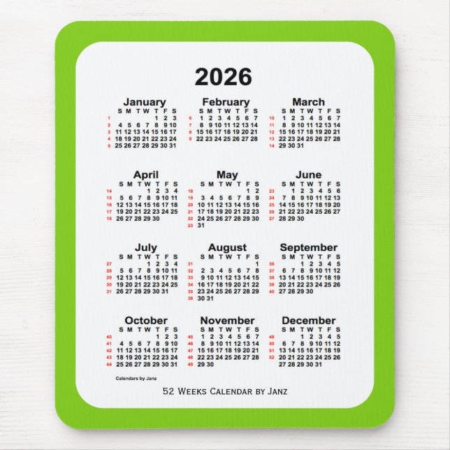 2026 Gultens Grönt 52 veckors kalender från Janz Musmatta (Framsidan)