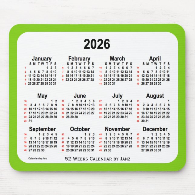 2026 Gultens Grönt 52 veckors kalender från Janz Musmatta (Framsidan)