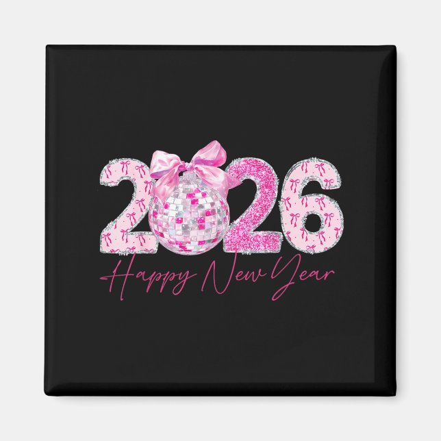 2026 Happy New Year Bow Patch Disco Ball  Magnet (Framsidan)
