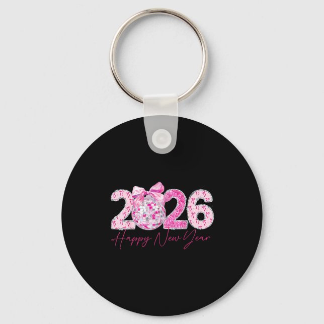 2026 Happy New Year Bow Patch Disco Ball  Nyckelring (Framsida)