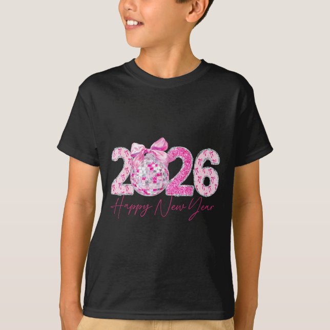 2026 Happy New Year Bow Patch Disco Ball  T Shirt (Framsida)