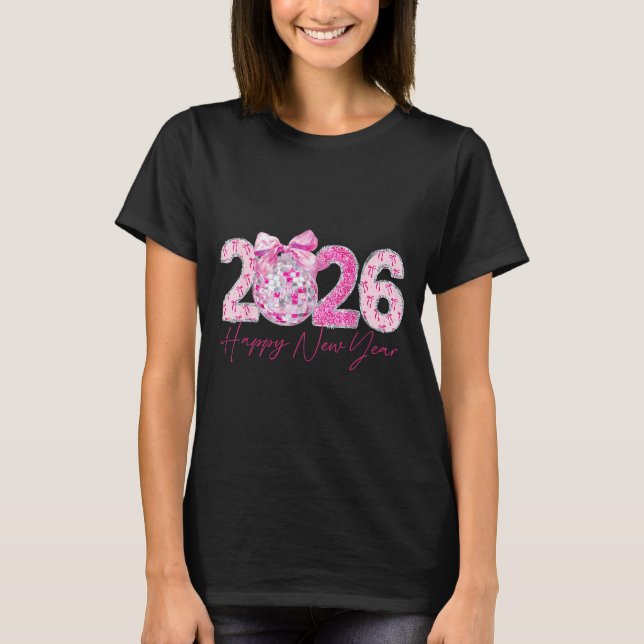 2026 Happy New Year Bow Patch Disco Ball  T Shirt (Framsida)