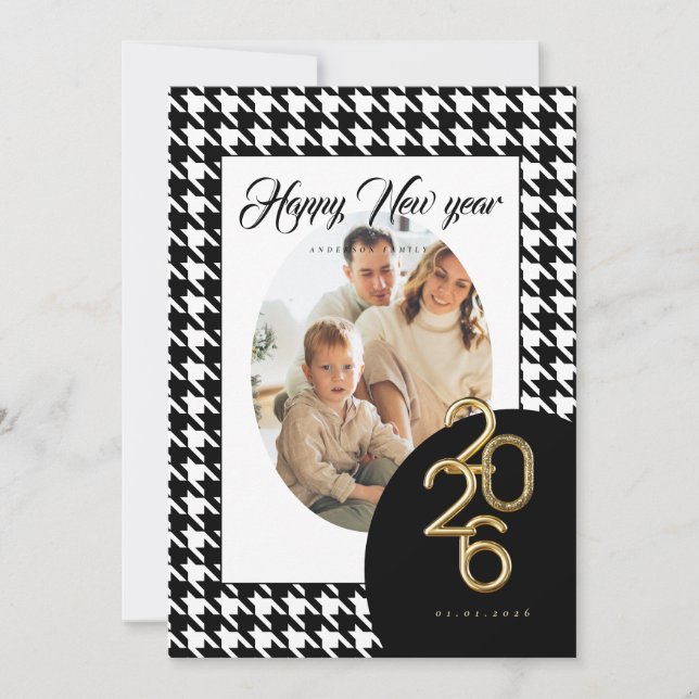 2026 Happy New Year Classic Houndstooth One Photo Julkort (Framsida)