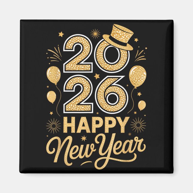 2026 Happy New Year Festive Top Hat Balloon Firewo Magnet (Framsidan)