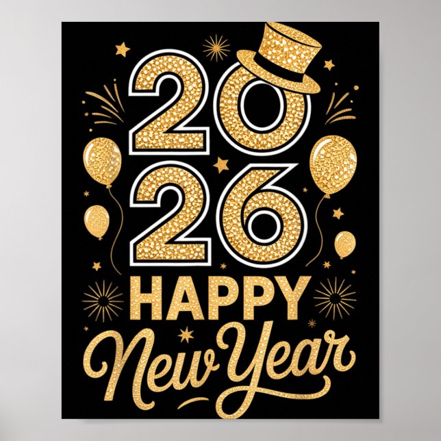 2026 Happy New Year Festive Top Hat Balloon Firewo Poster (Framsidan)