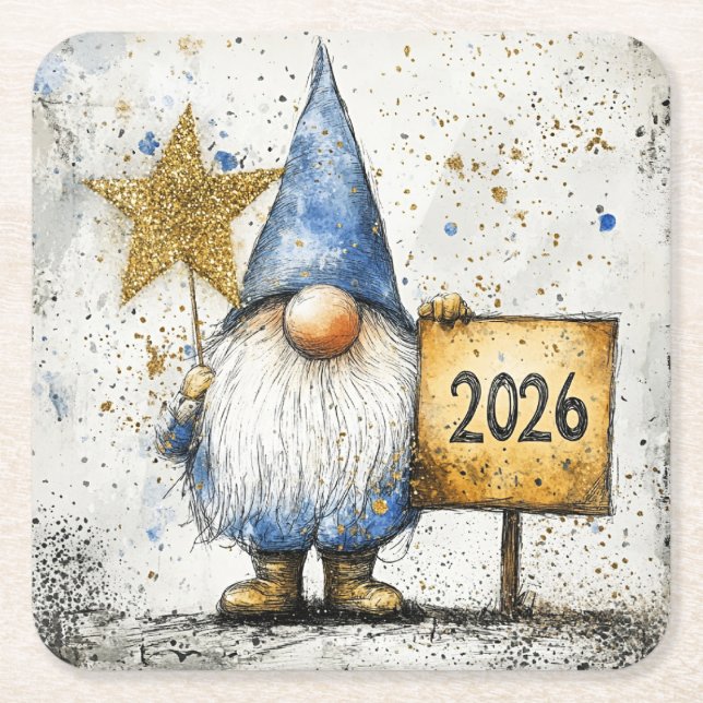 2026, Happy New Year, gnome, Underlägg Papper Kvadrat (Framsidan)