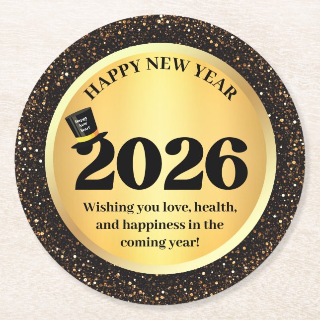 2026 happy new year, gold black sparkles chic underlägg papper rund (Framsidan)