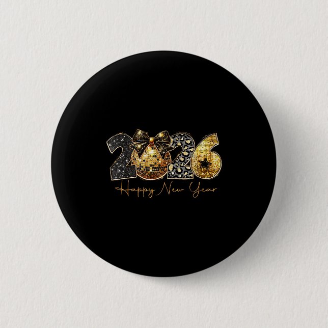 2026 Happy New Year Gold Disco Leopard Bow Coquett Knapp (Framsida)