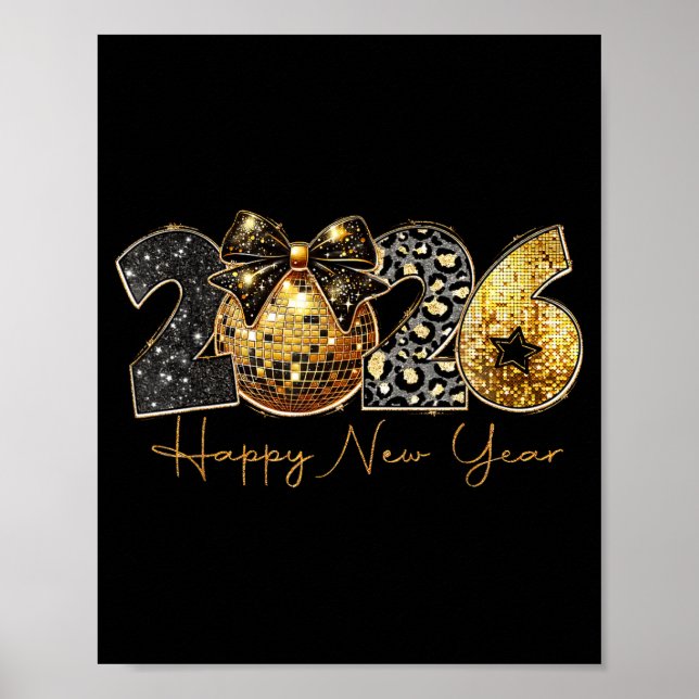 2026 Happy New Year Gold Disco Leopard Bow Coquett Poster (Framsidan)