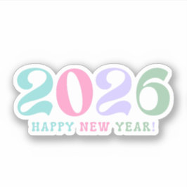 2026 happy new year, retro script pastel colorful klistermärken