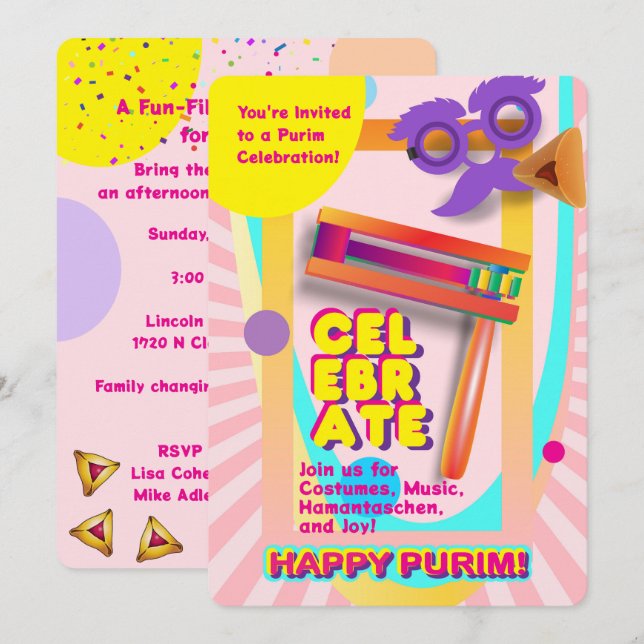 2026 Happy Purim Festival for All Ages Inbjudningar (Fram/baksida)