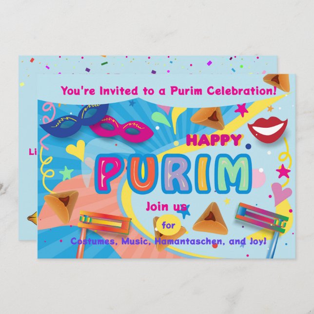 2026 Happy Purim Festival Inbjudningar (Fram/baksida)