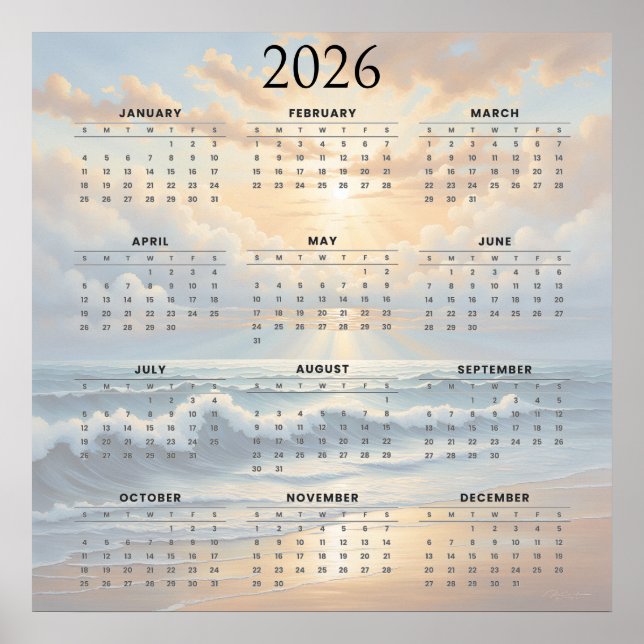 2026 Havsinspirerad kalender för hela året  Poster (Framsidan)