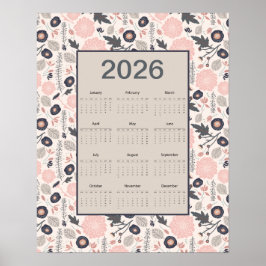 2026 Helårs kalender Rosa Grå Botanisk Poster