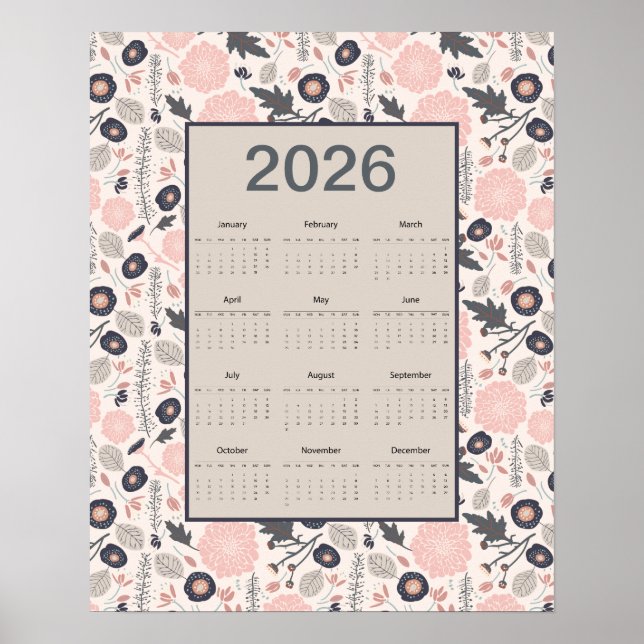 2026 Helårs kalender Rosa Grå Botanisk Poster (Framsidan)