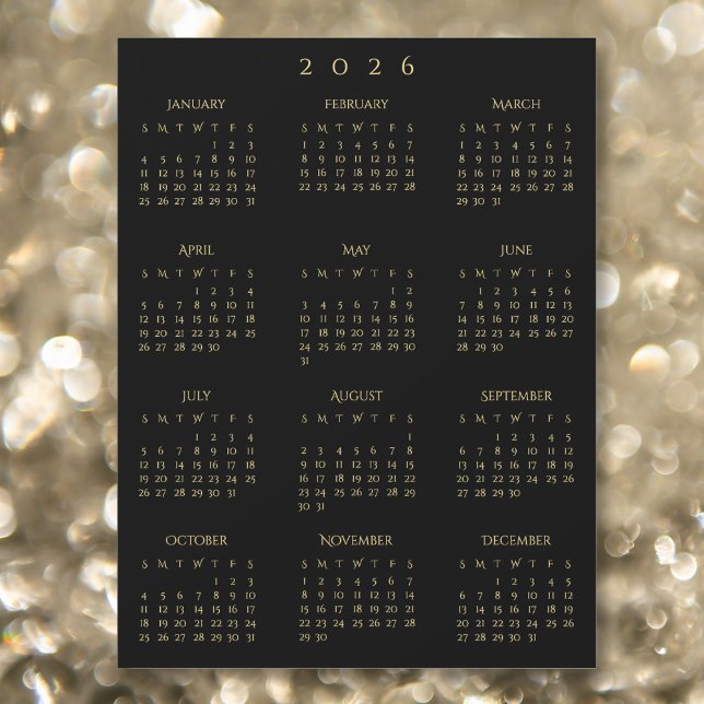 2026 Helårs Svart Guld Årlig Kalendermagnet (2026 Full Year Black Gold Yearly Calendar Magnet)