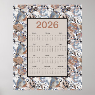 2026 Heldags Blåfågel Kalender med Blommor Poster