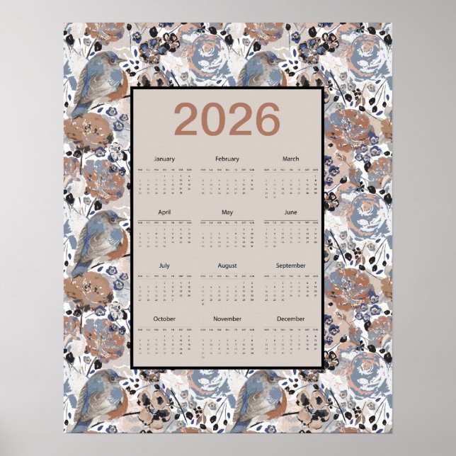 2026 Heldags Blåfågel Kalender med Blommor Poster (Framsidan)