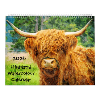 2026 Highland Ko Cattle Cute Vattenfärg Målningar Kalender