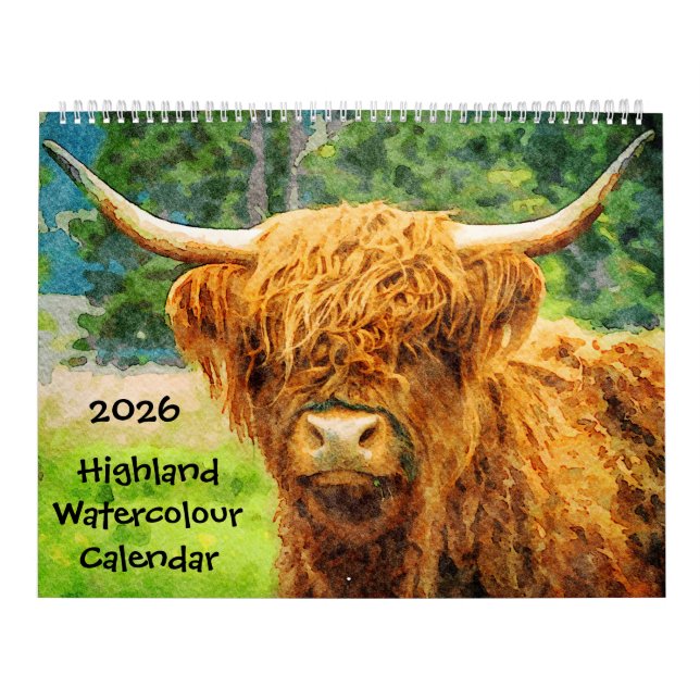 2026 Highland Ko Cattle Cute Vattenfärg Målningar Kalender (Omslag)