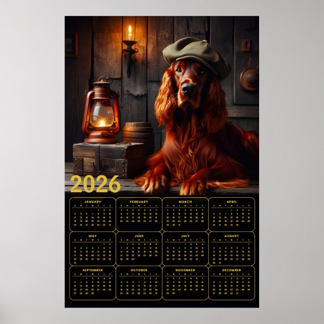 2026 Irländsk Setter i Grön Beret Rustik Kalender Poster (Framsidan)