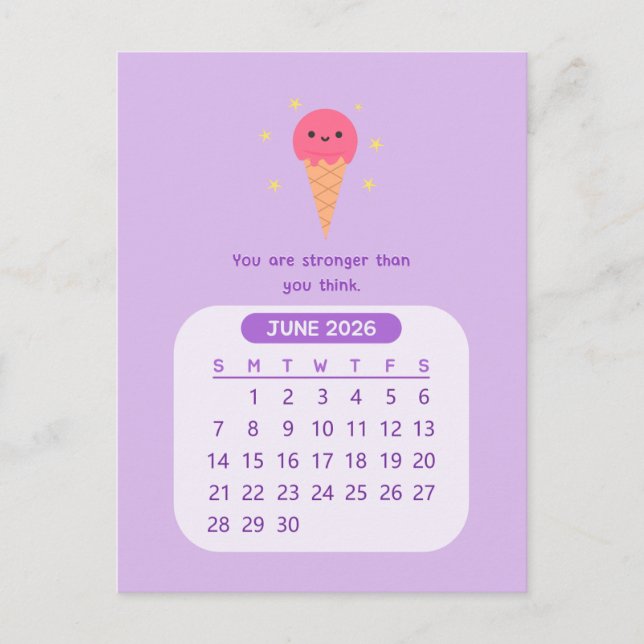 2026 juni Månatlig Kawaii Motiverande Kalender Vykort (Framsida)