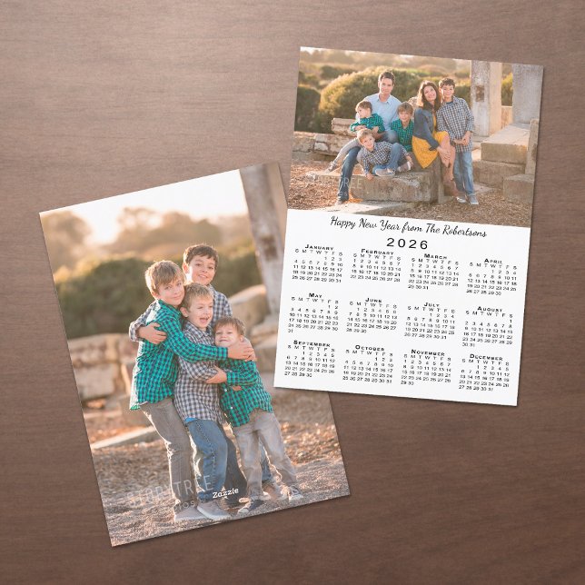 2026 Kalender 2 Anpassningsbar Foton Gott nytt år Julkort (2026 Calendar 2 Custom Photos Happy New Year Holiday Card, front/back)