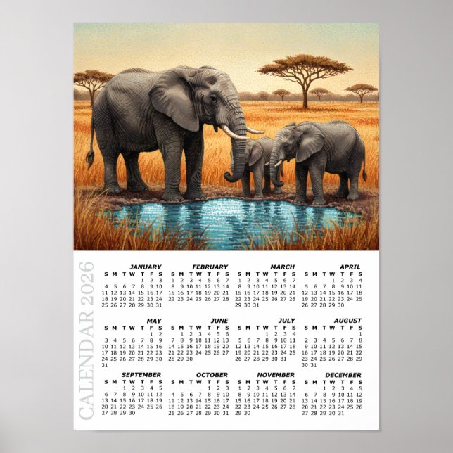 2026 Kalender, Afrikanska elefanter, Safari, Afrik Poster (Framsidan)