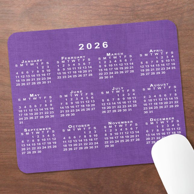 2026 Kalender Anpassad Foto Lila Linne Textur Musmatta (2026 Calendar Custom Photo Purple Linen Texture Mouse Pad, in situ)
