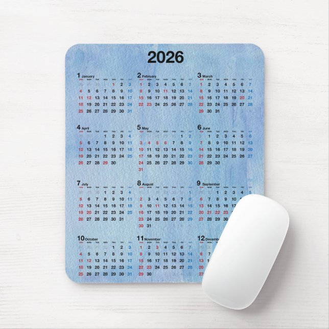 2026 Kalender Blå Akvarell Abstrakt Musmatta (Med mus)